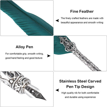 Retro Quill Feather Writing Pen Gift Box with Empty Ink Bottle Quill Set for Teacher Ink Green