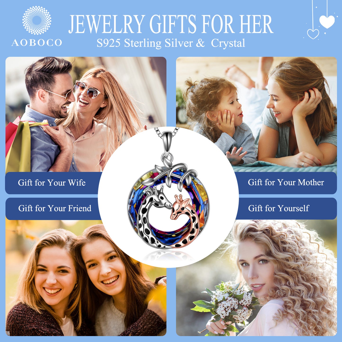 Flag Village Giraffe Pendant Necklace Sterling Silver Crystal Jewelry Gifts for Women Teens Girls
