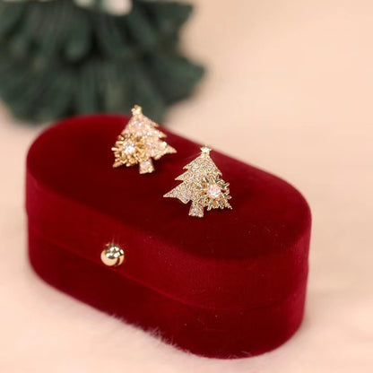 Flag Village Rotatable Christmas Tree Earrings Shiny Rhinestone Snowflake Stud Earring New Year Xmas Festival Ear Jewelry Gifts Autumn And Winter