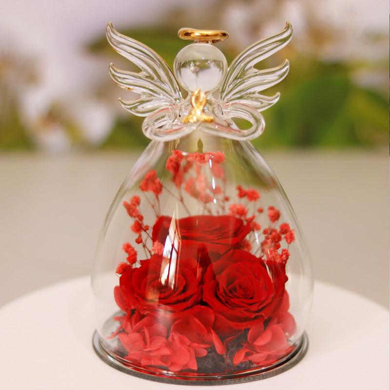 Flag Village Eternal Flower Gift Box Angel Glass Cover Dried Rose Gift Box For Christmas New Year Valentine's Day Home Decor