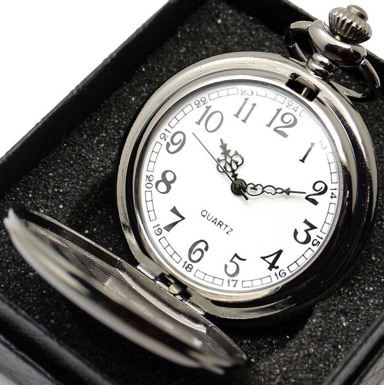 Flag Village retro black fashion silver smooth steampunk quartz pocket watch stainless steel chain necklace 30 cm for men for women with gift box