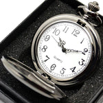 Flag Village retro black fashion silver smooth steampunk quartz pocket watch stainless steel chain necklace 30 cm for men for women with gift box