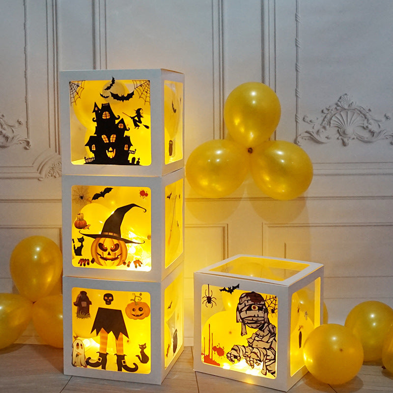 Flag Village Halloween Balloon Boxes Black Transparent Box Block With Ghost Pumpkin Horror Sticker Gift For Halloween Party Decor Supply