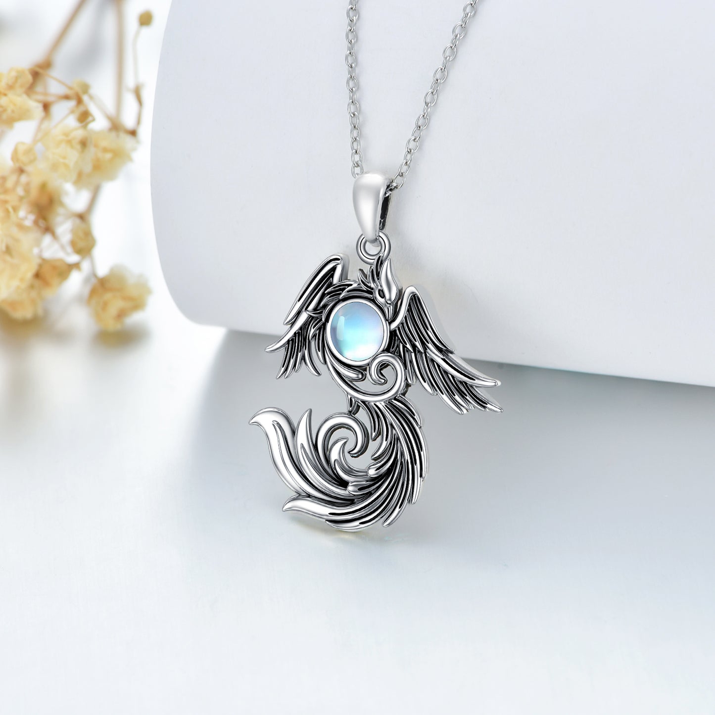 Flag Village Moonstone Phoenix Necklace 925 Sterling Silver as Gifts for Women and Men