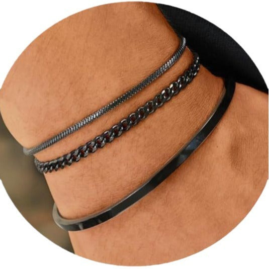 Flag Village Stackable Cuff Stainless Steel Bracelet 3 Pieces Layered Bangle Snake Box Chain Cuban Link Chain Bracelet Set