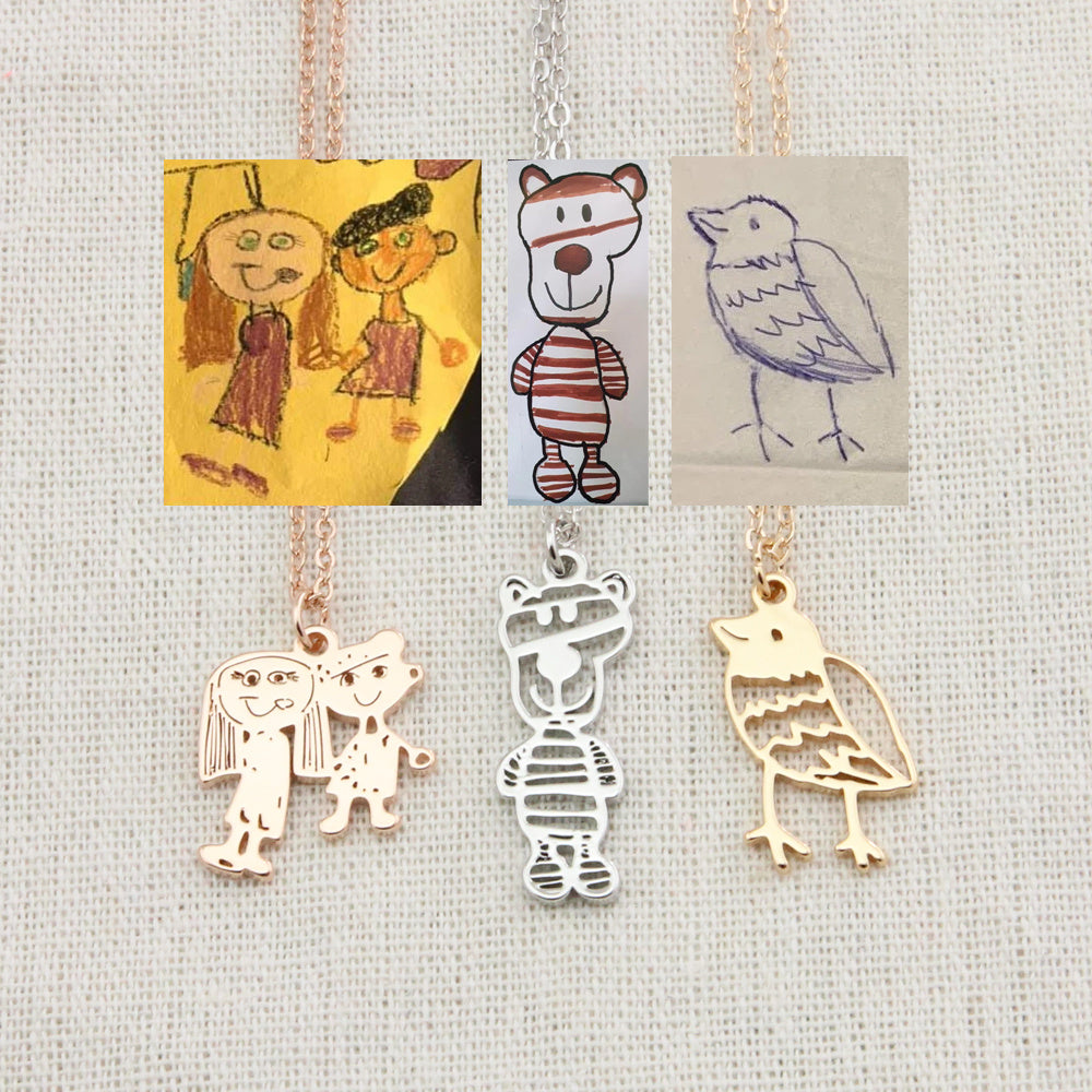 Flag Village Custom Kids Drawing Painting Necklace Stainless Stee Personalized Children Artwork Pendant For Kids Mom Family Jewelry Gifts