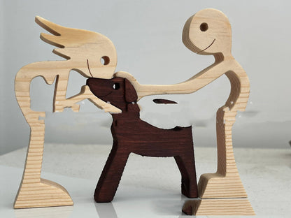 Flag Village DIY Figurine Wood Dog Ornament Sculpture Home Decoration A Man A Dog Wood Sculpture Christmas Gifts Model Decor