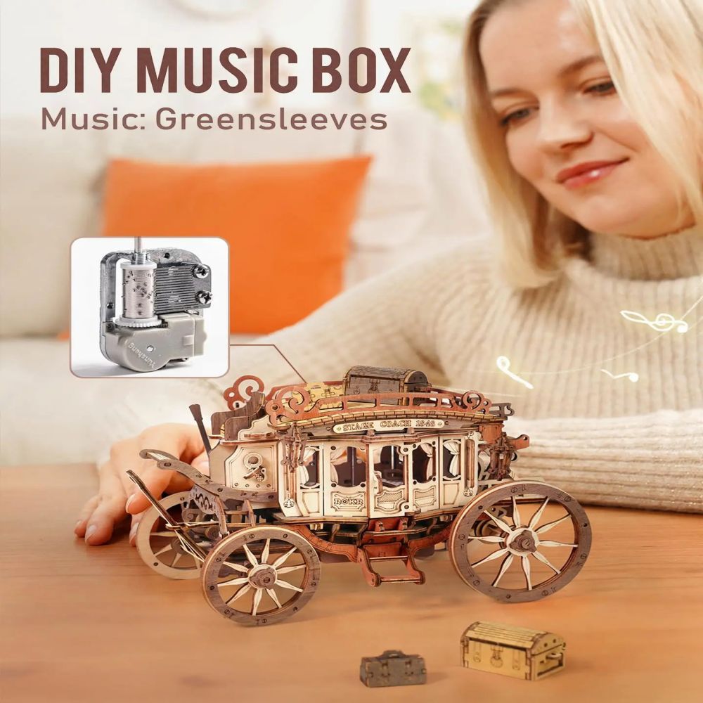 Flag Village Robotime Rokr Stagecoach Music Box 3D Wooden Puzzle For Adults Birthday Anniversary Day Gift Hobby STEM Kits Model Easy To Build