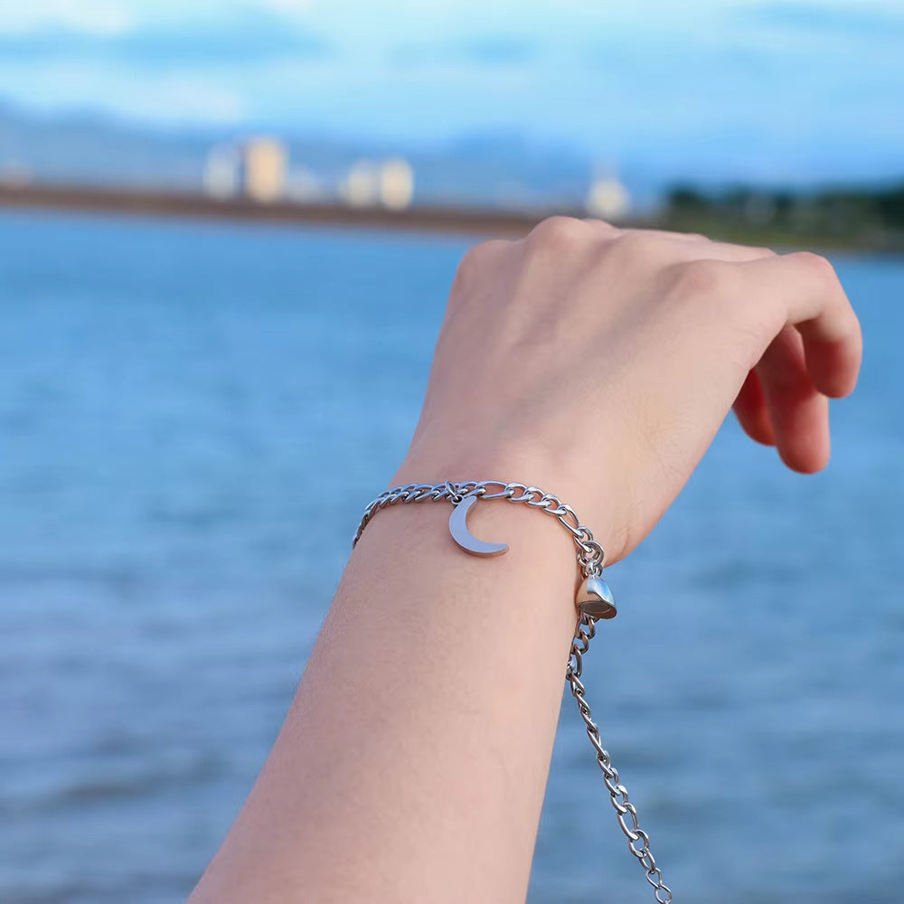 Flag Village 2Pcs Sun Moon Charm Magnet Attraction Stainless Steel Bracelets For Couples Men Women Jewelry Wholesale Valentine's Day Gifts