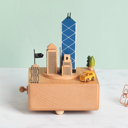 Flag Village Wooden building model music box birthday gift
