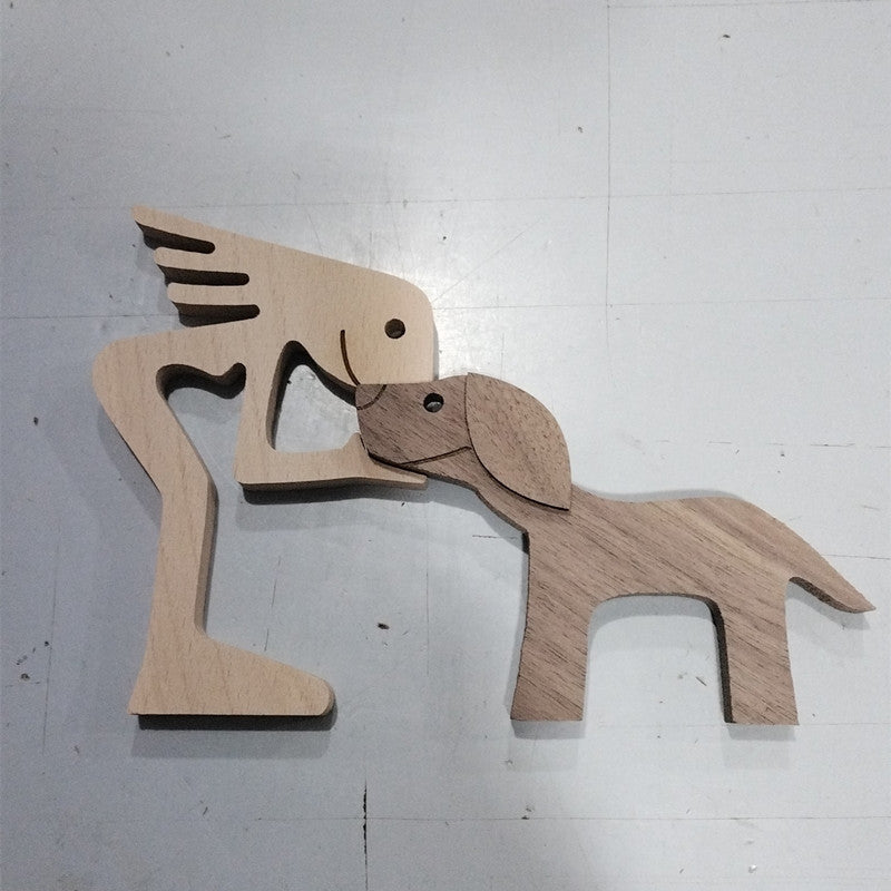 Flag Village DIY Figurine Wood Dog Ornament Sculpture Home Decoration A Man A Dog Wood Sculpture Christmas Gifts Model Decor