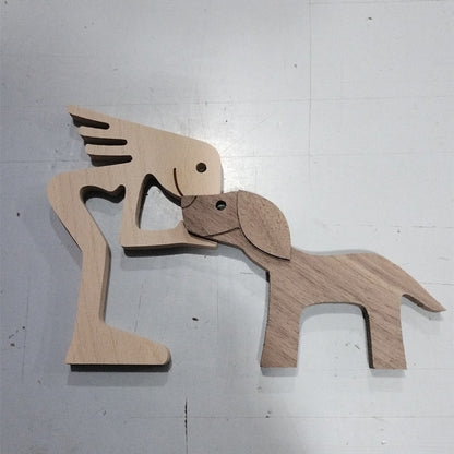 Flag Village DIY Figurine Wood Dog Ornament Sculpture Home Decoration A Man A Dog Wood Sculpture Christmas Gifts Model Decor