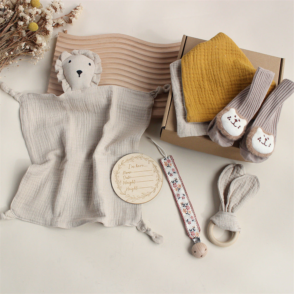 Flag Village Baby Rabbit Lion Appeasing Towel Socks Saliva Towel Wash Gift Box Newborn Bite Ring Hair Band Set
