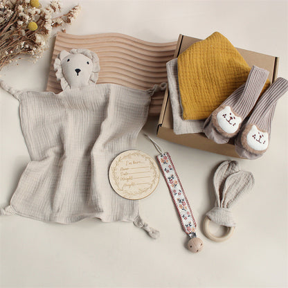Flag Village Baby Rabbit Lion Appeasing Towel Socks Saliva Towel Wash Gift Box Newborn Bite Ring Hair Band Set