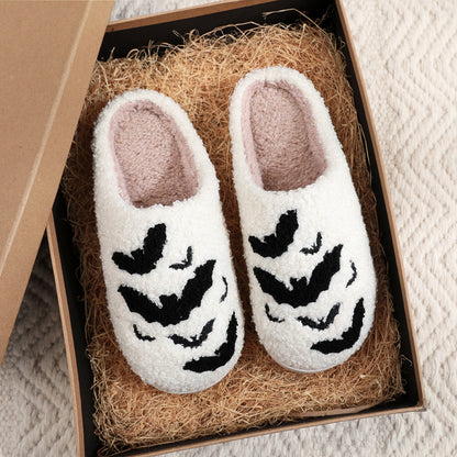 Flag Village Funny Bat Slipper Halloween Pumpkin Flat Indoor House Shoes For Women Men Soft Plush Cozy Horror Fashion Halloween Gifts