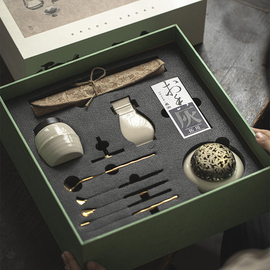 Flag Village Chinese Style Grass And Wood Gray Censer Set Incense Burner Pure Copper Gift Box Tea Ceremony Utensils Ceramic Incense Burner