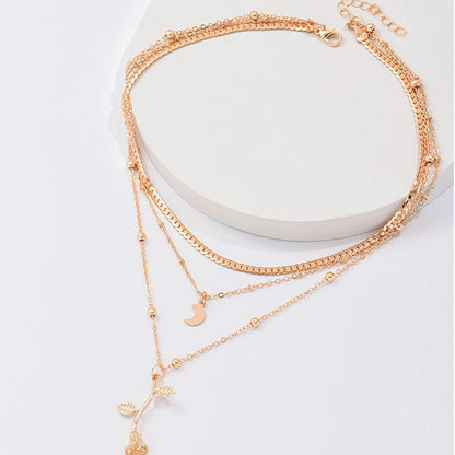 Flag Village Bohemia Multilayer Moon Gold Color Pendant Necklaces For Women Rose Flower Choker Necklace 2025 Fashion Jewelry Party Gift Valentine's Day Gifts