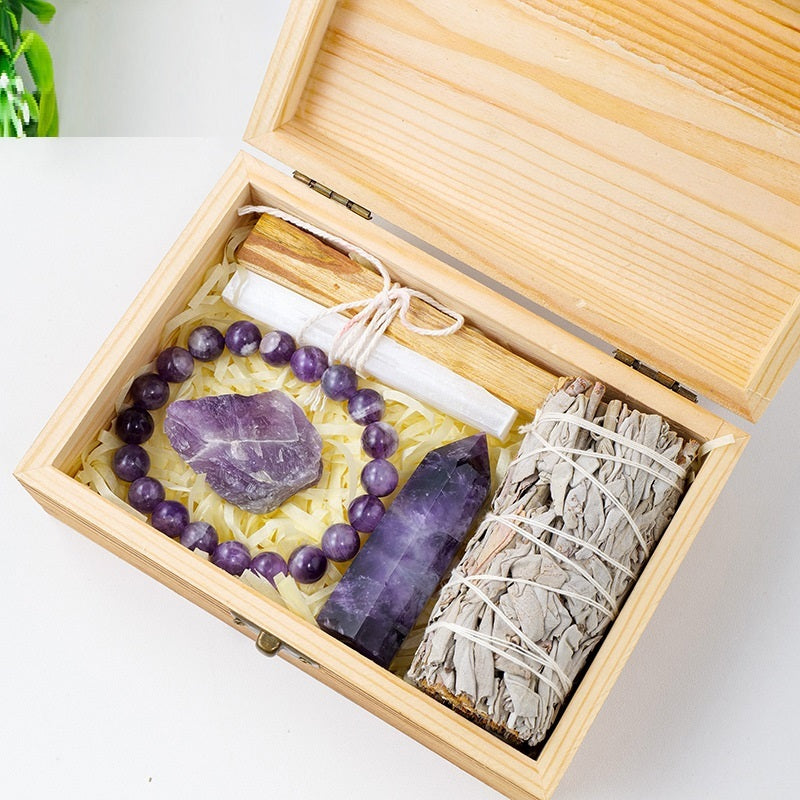 Flag Village Natural Crystal Amethyst Wooden Box Set Gift Box