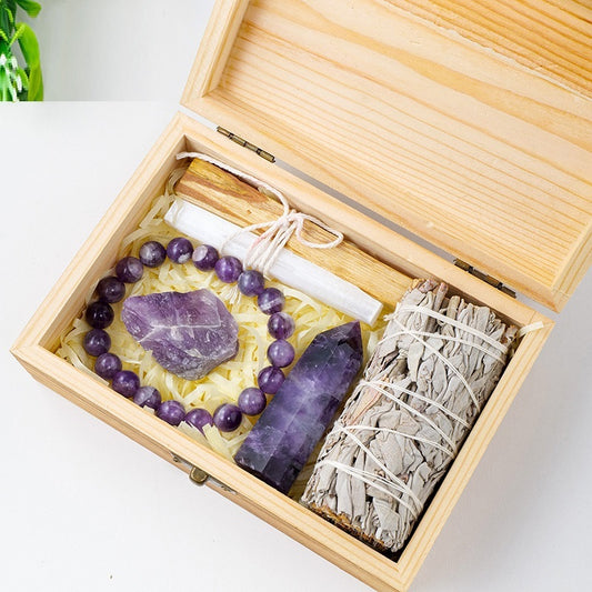 Flag Village Natural Crystal Amethyst Wooden Box Set Gift Box