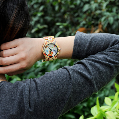 Flag Village BOBO BIRD O20 Butterfly Print Women Watches All Bamboo Made Quartz Wristwatch for Ladies in Wooden Gift Box