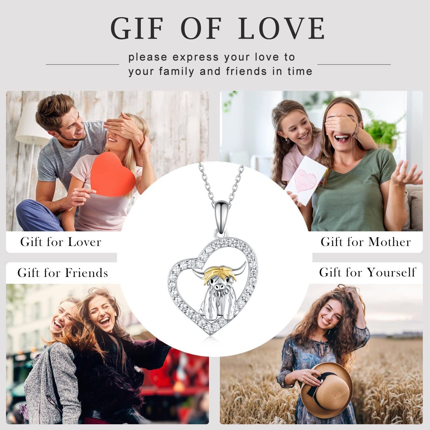 Flag Village Highland Cow Necklace 925 Sterling Silver Heart Animal Necklace Animal Jewelry Gifts for Women Girls Daughter