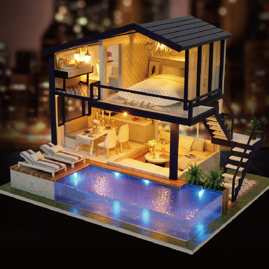 Flag Village Doll House Wooden Furniture Diy House Miniature Box Puzzle Assemble 3D Miniaturas Dollhouse Kits Toys For Children Birthday Gift