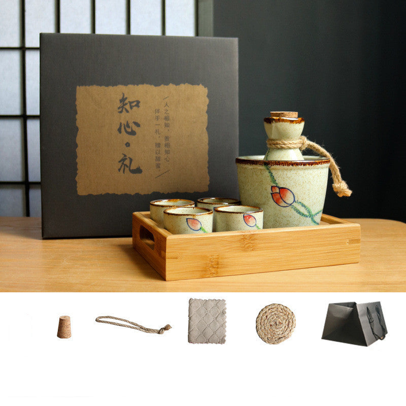 Flag Village Japanese Retro Sake Wine Warmer Gift Box Set Hot Wine Shochu Pot Ceramic Wine Cup White Wine Household Wine Glass