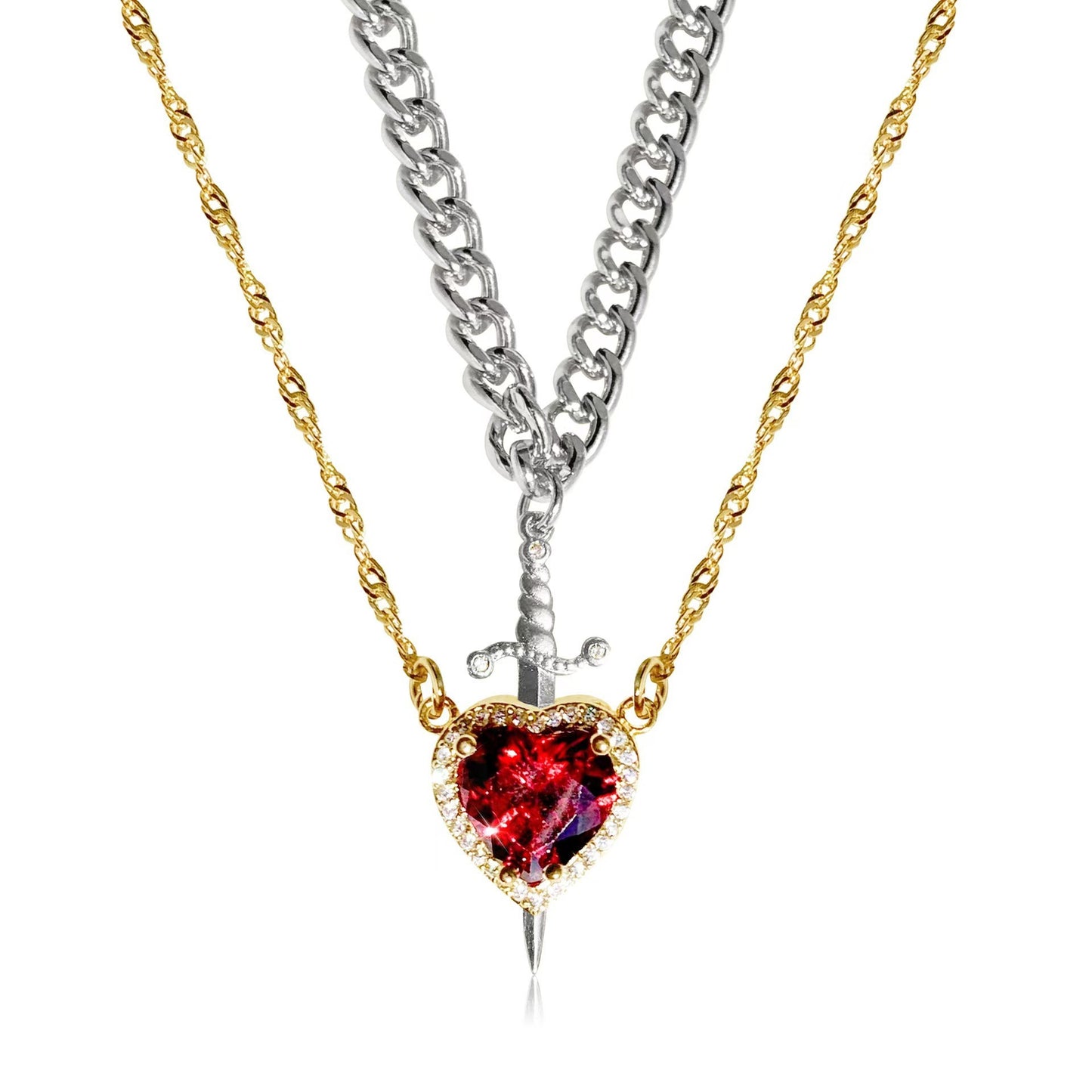 Flag Village New Heart And Sword Necklace Set Gold Color Stainless Steel Crystal Couple Necklaces For Women Men Boyfriend Girlfriend Gifts
