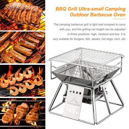 Flag Village Portable Stainless Steel BBQ Grill Non-stick Surface Folding Barbecue Grill Outdoor Camping Picnic Tool