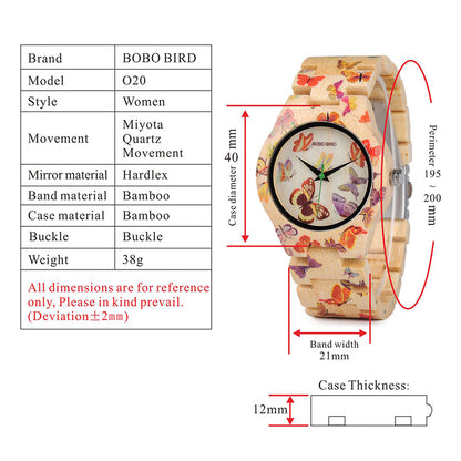 Flag Village BOBO BIRD O20 Butterfly Print Women Watches All Bamboo Made Quartz Wristwatch for Ladies in Wooden Gift Box