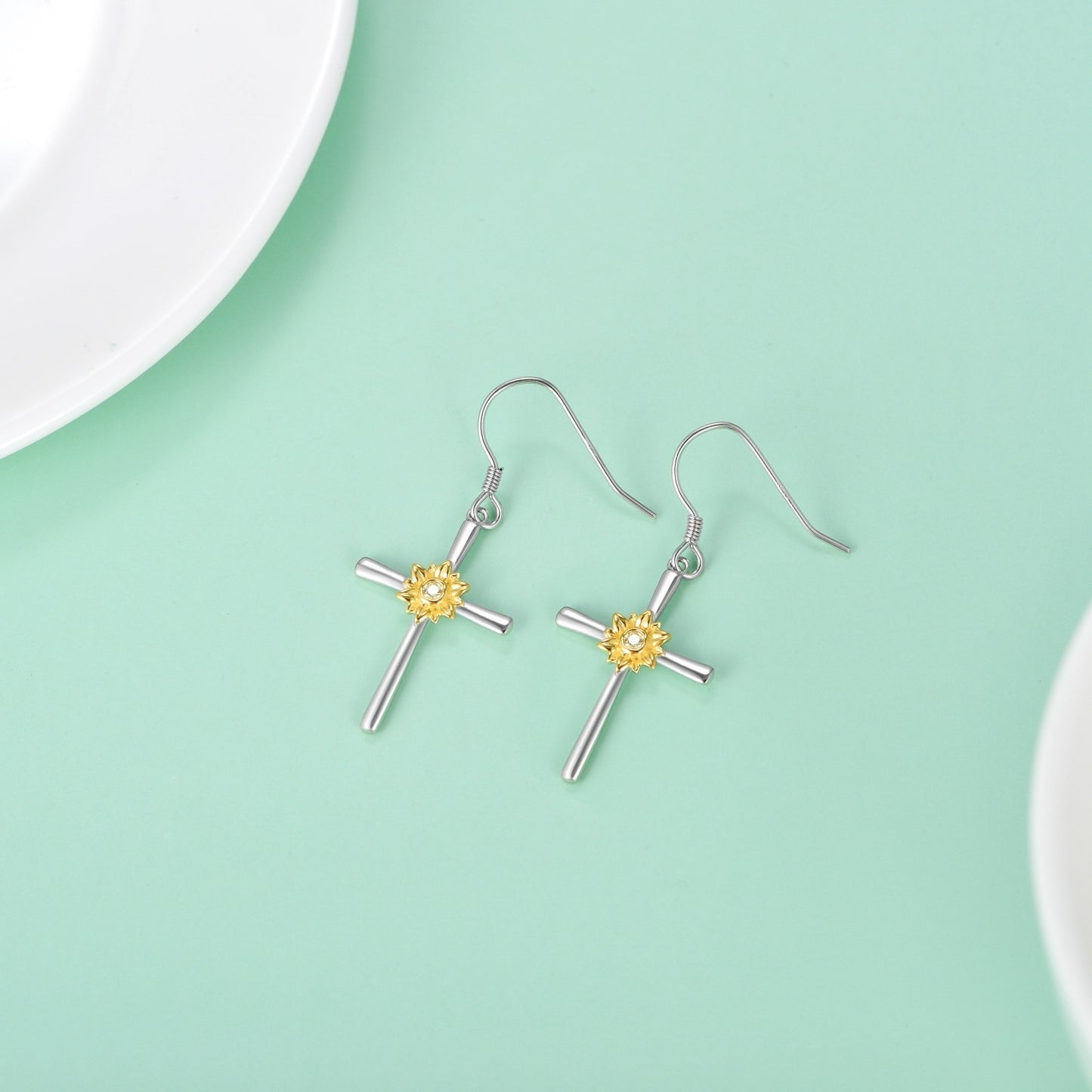Flag Village Sunflower Earrings Sterling Silver Cross Dangle Drop Hooks Earrings Sunflower Flower Jewelry Gifts for Women Teens Birthday