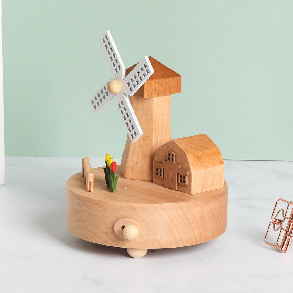 Flag Village Wooden building model music box birthday gift