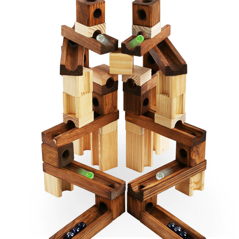 Flag Village Wood Marbles Building Run Maze Ball Blocks Rollercoaster Style Construction Educational Toys For Children Kids Gifts