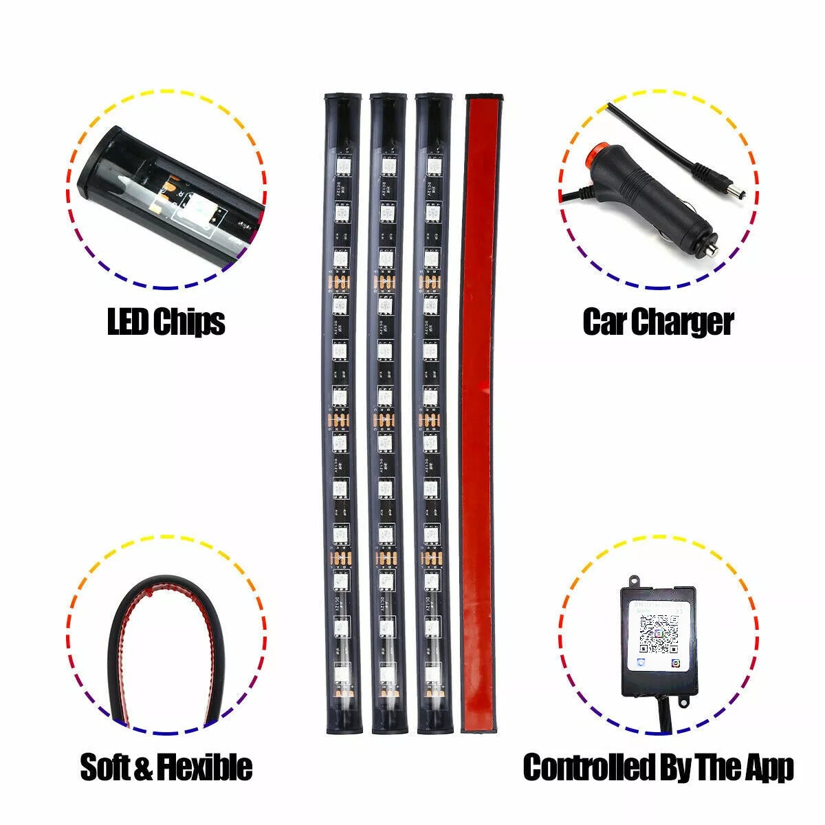 Flag Village Auto Tools Auto LED RGB Interior Atmosphere Strip Light Decorative Foot Lamp With USB Wireless Remote Music Control Multiple Modes For Car