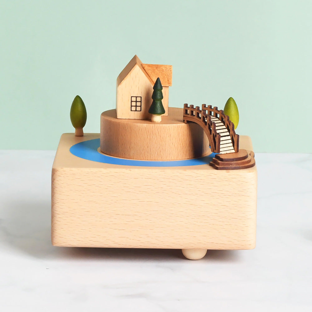Flag Village Wooden building model music box birthday gift