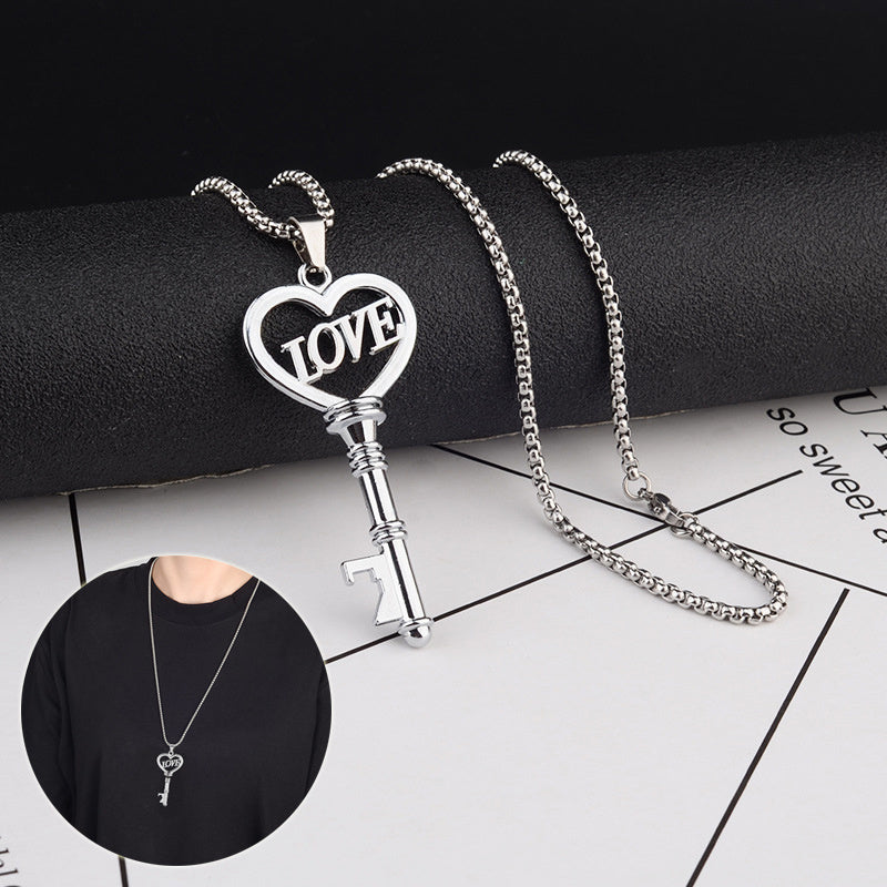 Flag Village Stainless Steel Necklaces Sweet Heart Key Pendants Choker Chain Korean Fashion Jewelry For Women Jewelry Gifts