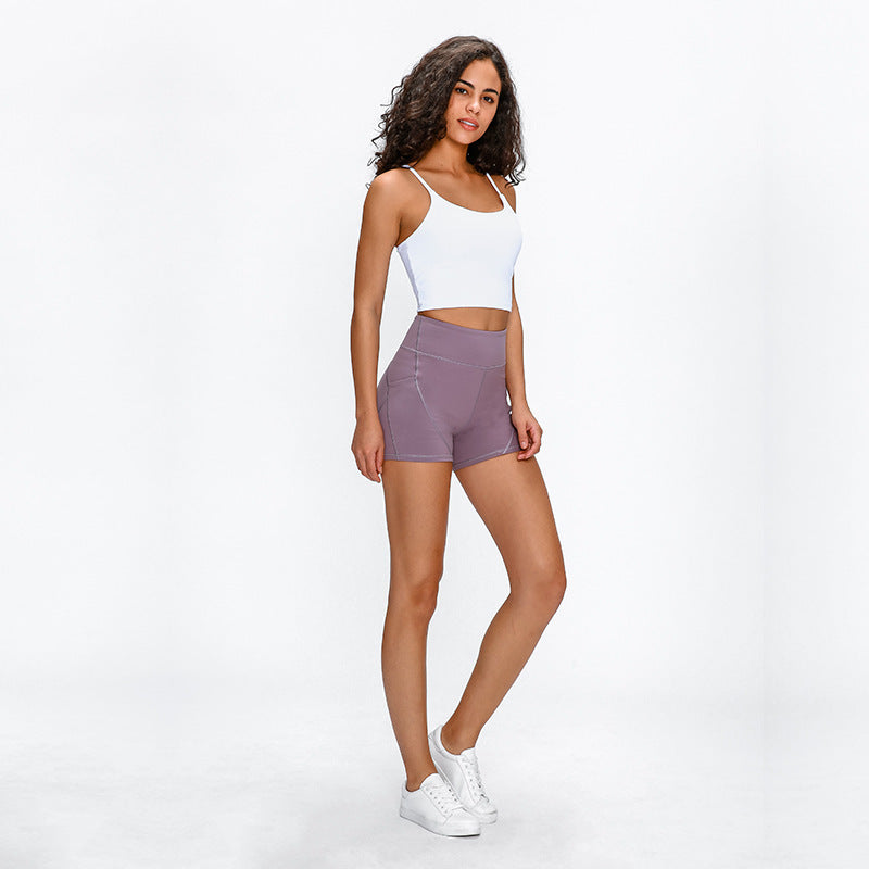 Flag Village SHINBENE Anti-sweat Plain Sport Athletic Shorts Women High Waisted Soft Cotton Feel Fitness Yoga Shorts with Two Side Pocket