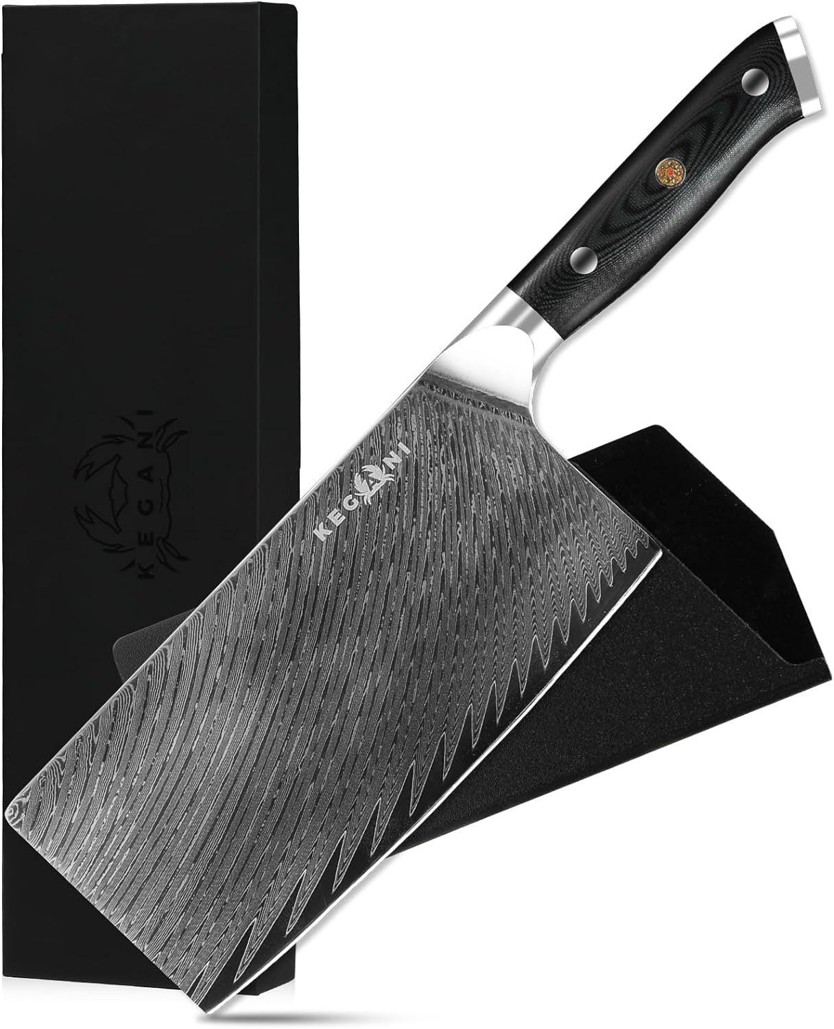 Flag Village Kegani Meat Cleaver Knife 7 Inch - Damascus 73 Layers AUS-10 Steel Core Butcher Knife - G10 Handle Chinese Knife With Gift Box & Sheath