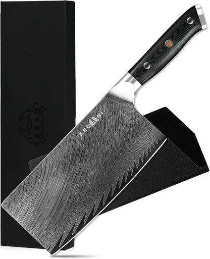 Flag Village Kegani Meat Cleaver Knife 7 Inch - Damascus 73 Layers AUS-10 Steel Core Butcher Knife - G10 Handle Chinese Knife With Gift Box & Sheath