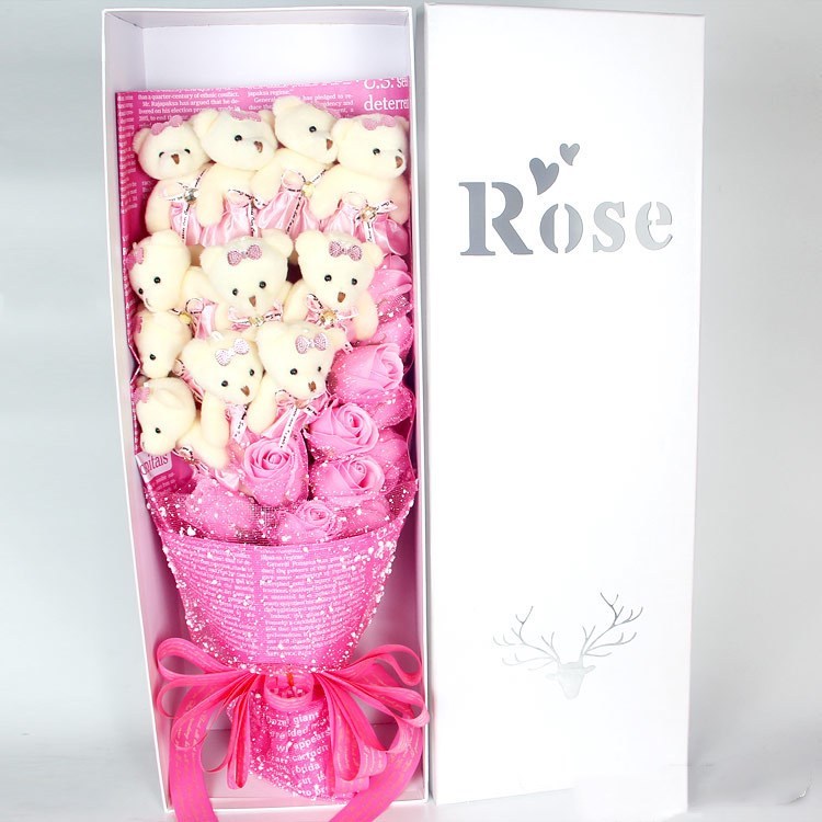 Flag Village Valentine Day Animals Plush Toys Teddy Bear Rose Soap Flower Dolls With Box Toy For Valentine's Day Birthday Gifts