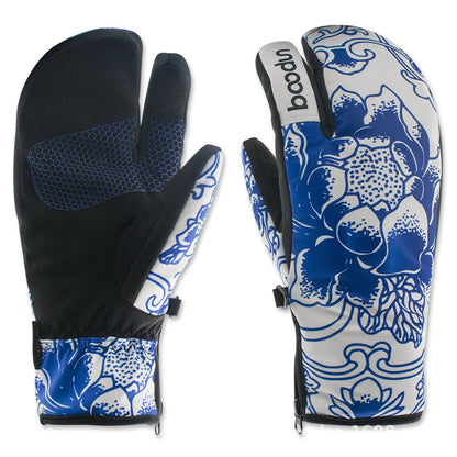 Flag Village Ski gloves outdoor three-finger warm gloves