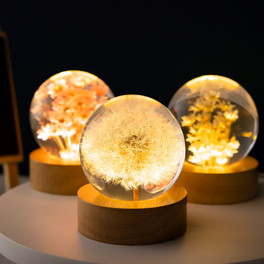 Flag Village Luminous 3D Dandelion Crystal Ball Beech Wood Stand Base Preserved Flower Sphere Ball Desktop Ornaments Bithday Christmas Gifts