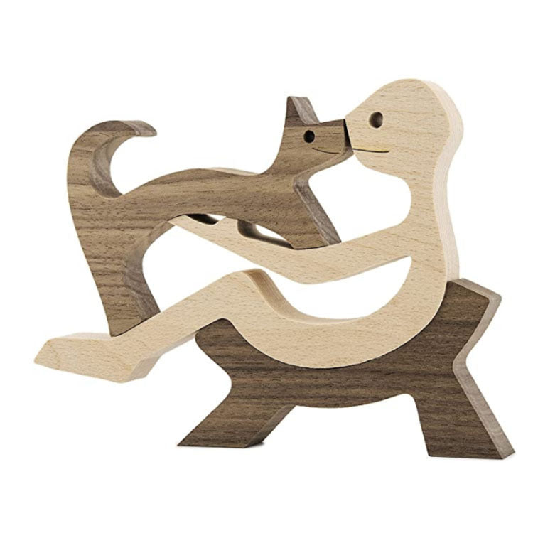 Flag Village DIY Figurine Wood Dog Ornament Sculpture Home Decoration A Man A Dog Wood Sculpture Christmas Gifts Model Decor