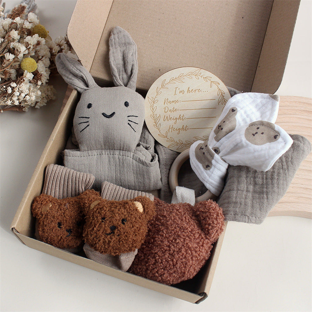 Flag Village Baby Rabbit Lion Appeasing Towel Socks Saliva Towel Wash Gift Box Newborn Bite Ring Hair Band Set