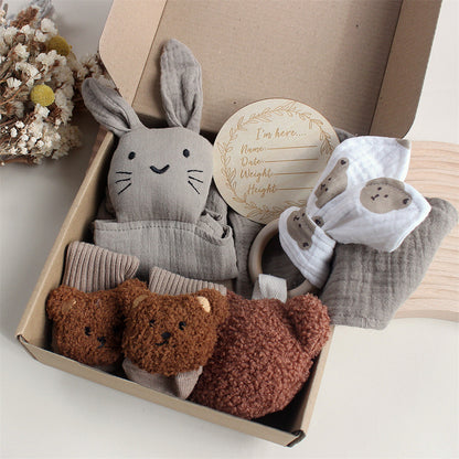 Flag Village Baby Rabbit Lion Appeasing Towel Socks Saliva Towel Wash Gift Box Newborn Bite Ring Hair Band Set