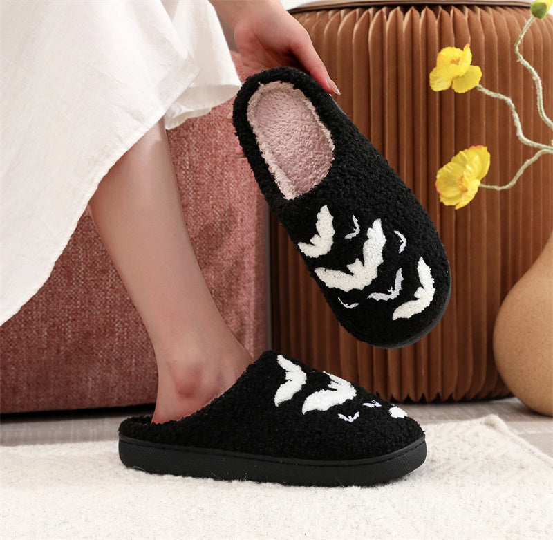 Flag Village Funny Bat Slipper Halloween Pumpkin Flat Indoor House Shoes For Women Men Soft Plush Cozy Horror Fashion Halloween Gifts