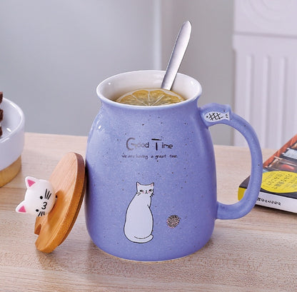Flag Village 450ml Cartoon Ceramics Cat Mug With Lid and Spoon Coffee Milk Tea Mugs Breakfast Cup Drinkware Novelty Gifts