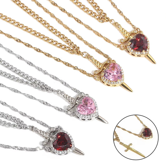 Flag Village New Heart And Sword Necklace Set Gold Color Stainless Steel Crystal Couple Necklaces For Women Men Boyfriend Girlfriend Gifts