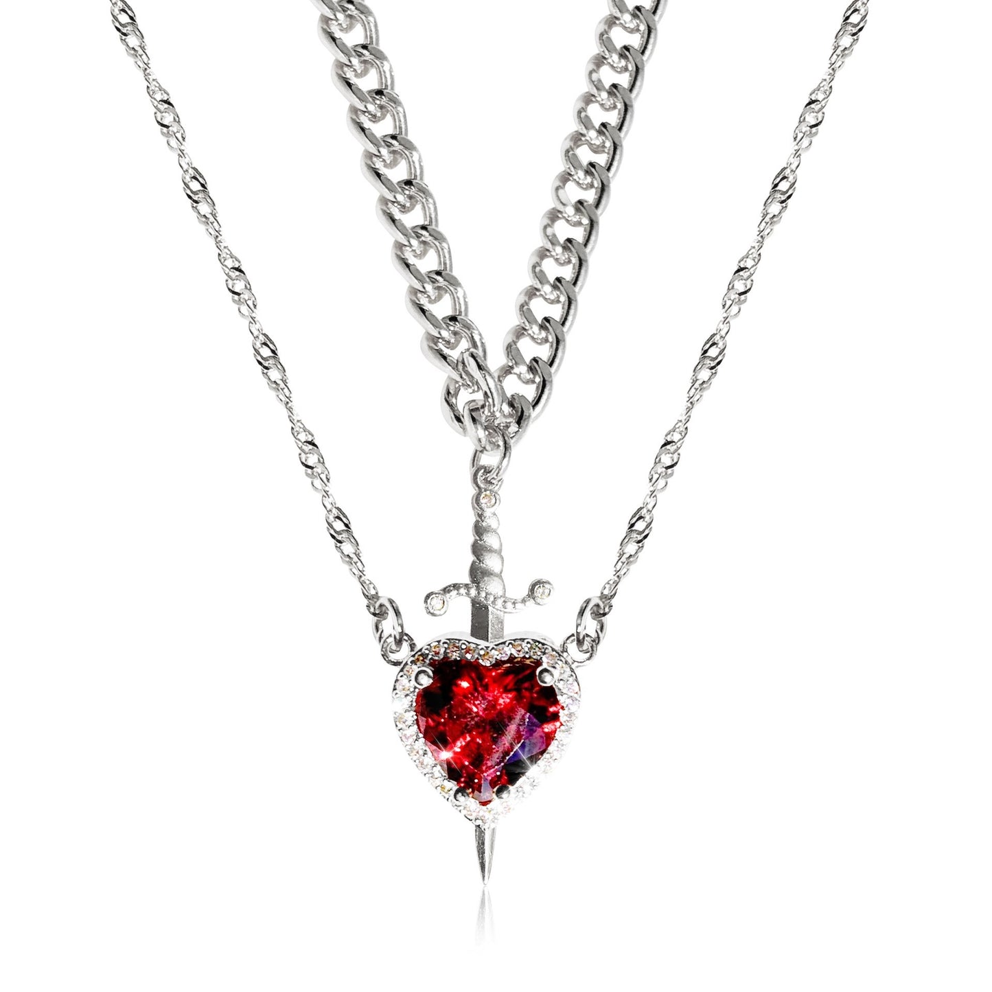 Flag Village New Heart And Sword Necklace Set Gold Color Stainless Steel Crystal Couple Necklaces For Women Men Boyfriend Girlfriend Gifts