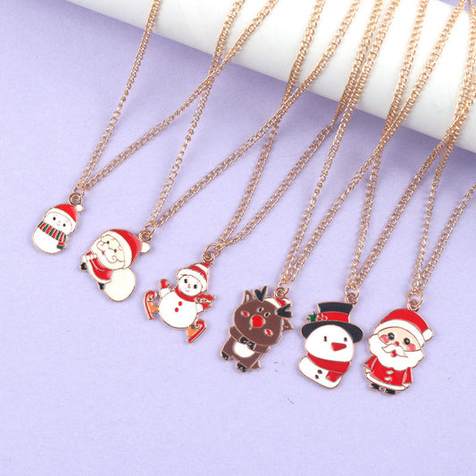 Flag Village Christmas Necklace Cute Cartoon Santa Claus Snowman Elk Pendant Necklace Xmas New Year Festival Ear Jewelry Gifts